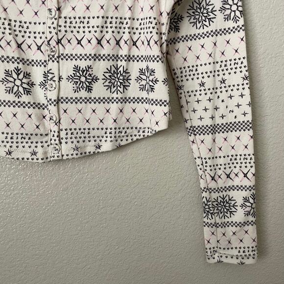 Skims Top Womens Large White Black Fair Isle Cropped Long Sleeve Knit Pajama - Picture 6 of 12